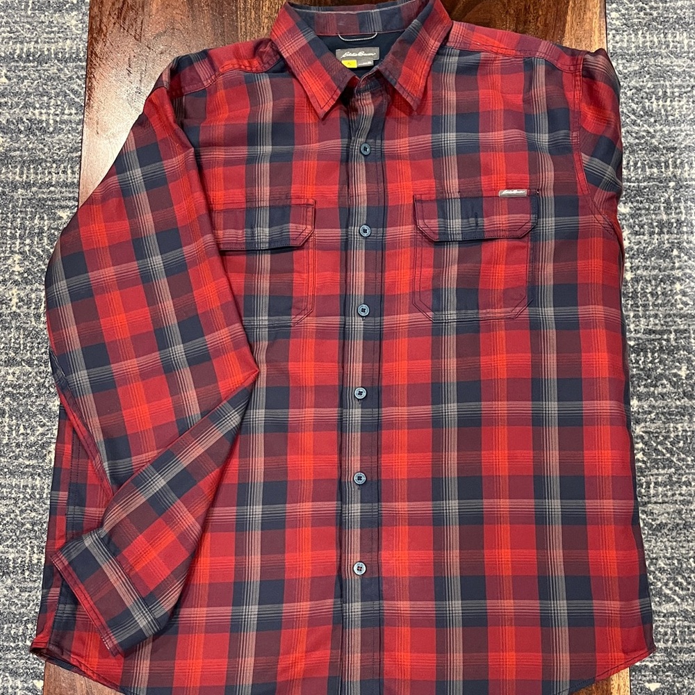 Eddie Bauer Red and Blue Plaid Men's Button-Down Shirt XL
